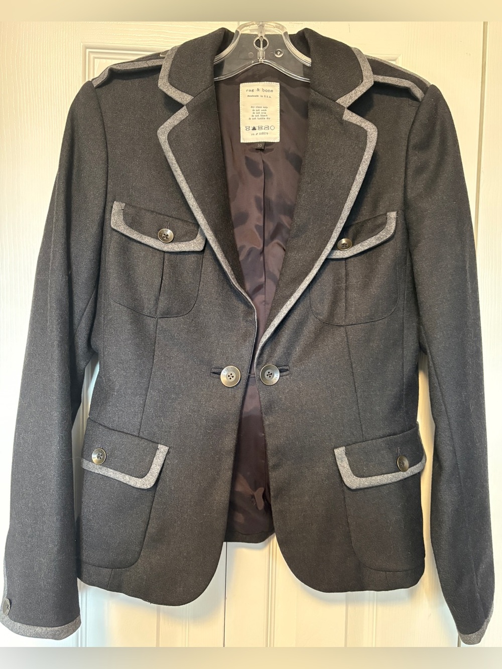 rag & bone Military Tailored Wool Blazer Jacket Charcoal Light Grey 10 / Medium